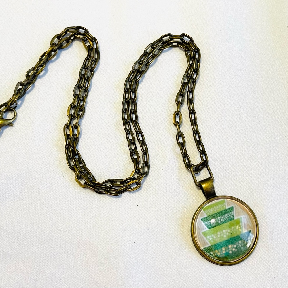 Vintage Pyrex nesting bowls Green and Antique Bronze Pendant Necklace